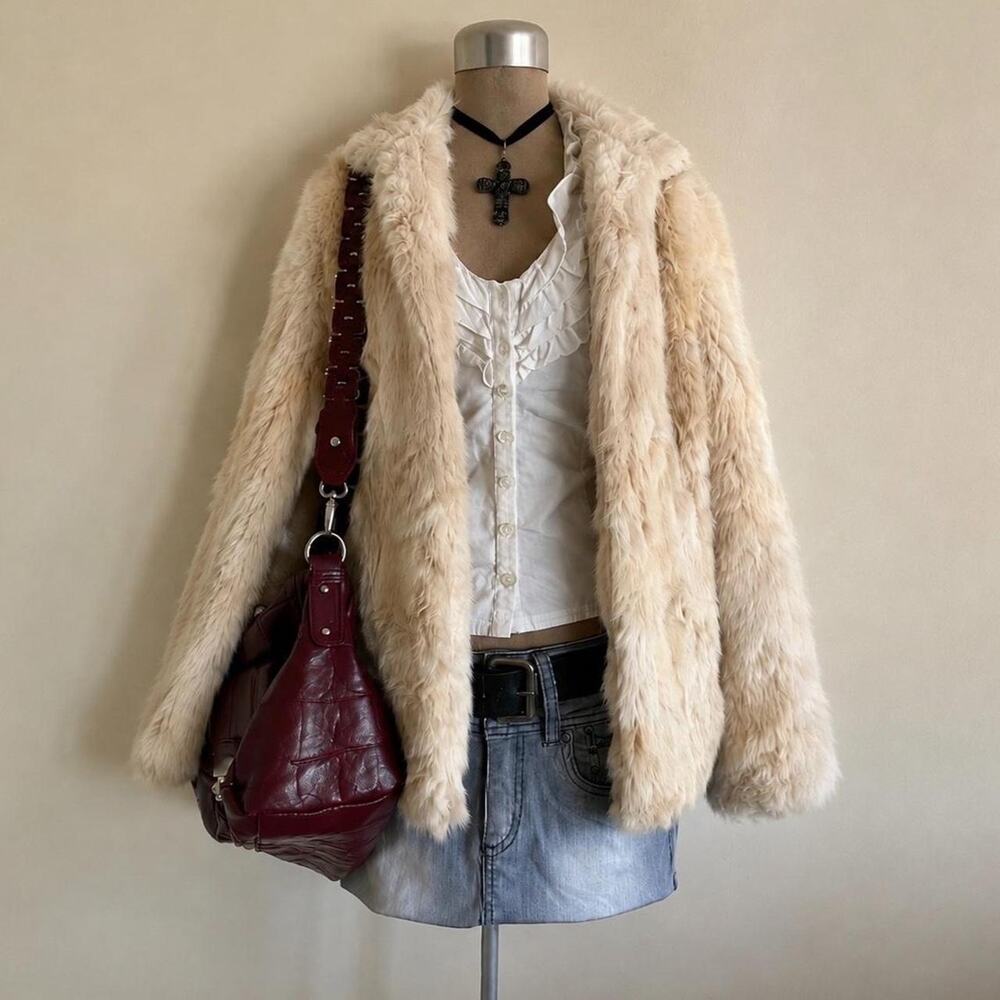 Vintage 70s 100% Genuine Rabbit Fur Cream Luxury Old Hollywood Glam Jacket Sz L